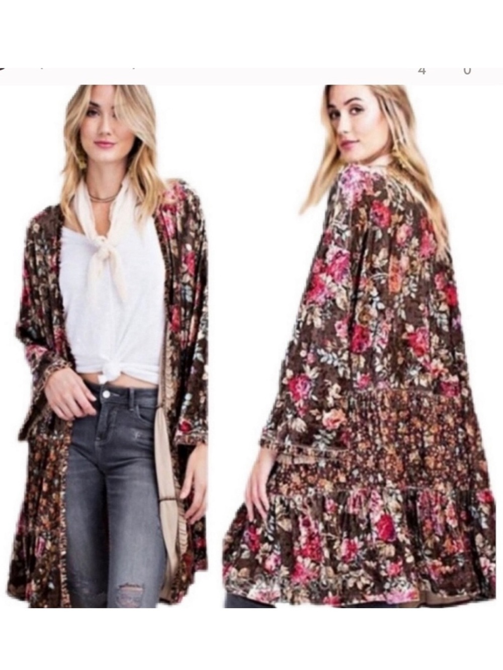 Easel Velvet Floral Open Boho Tiered Kimono Size Large